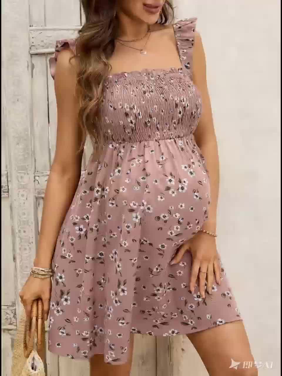 Stylish Floral Maternity Dress for Women with Smocked Bodice Ruffle Strap Sundress Casual Style