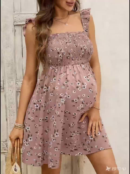 Stylish Floral Maternity Dress for Women with Smocked Bodice Ruffle Strap Sundress Casual Style