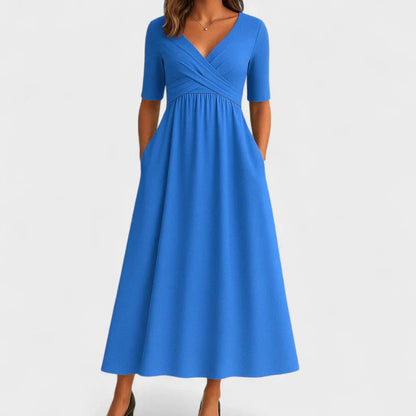 Elegant Wrap V Neck Maxi Dresses for Women with Short Sleeve Empire Waist Ruched Pocket Long Dress Style