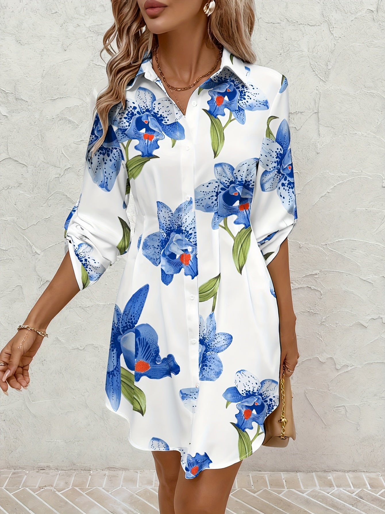 Effortless Floral Shirt Dress for Women with Collared Button Front