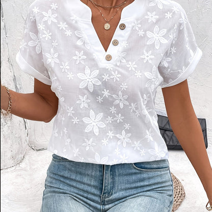 Effortless White Floral Blouse for Women with V Neck Batwing Sleeve