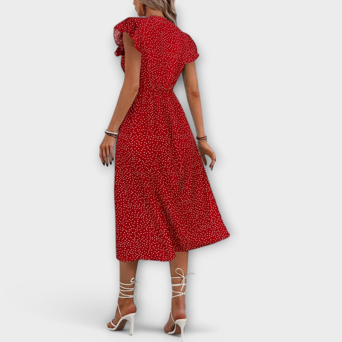 Effortless Polka Dot Midi Dress for Women with Deep V Neck Button Down Flutter Sleeve Casual Style