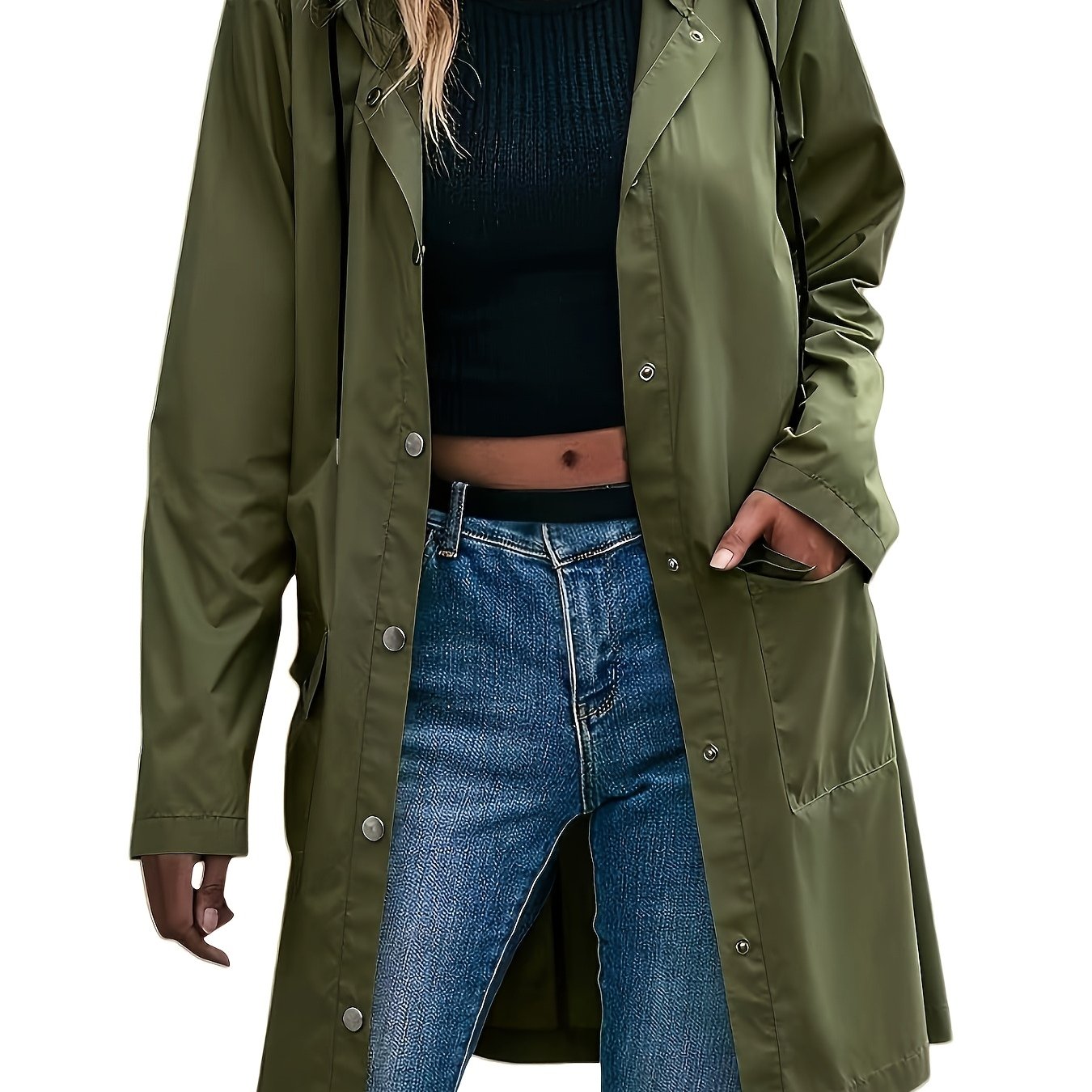 Effortless Hooded Jacket for Women with Button Front Longline Patch Pocket Style