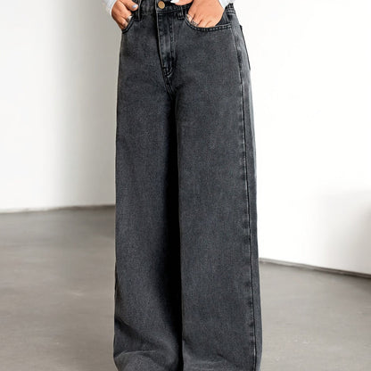 Effortless Relaxed Grey Wide Leg Jeans for Women with High Waist Faded Wash Style