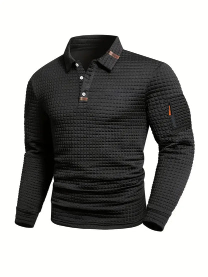 Classic Geometric Polo Shirt for Men with Long Sleeve Pocket