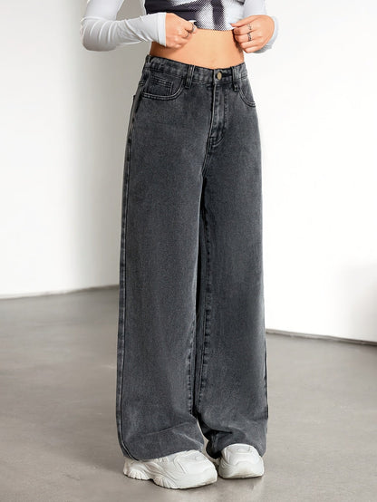 Effortless Relaxed Grey Wide Leg Jeans for Women with High Waist Faded Wash Style