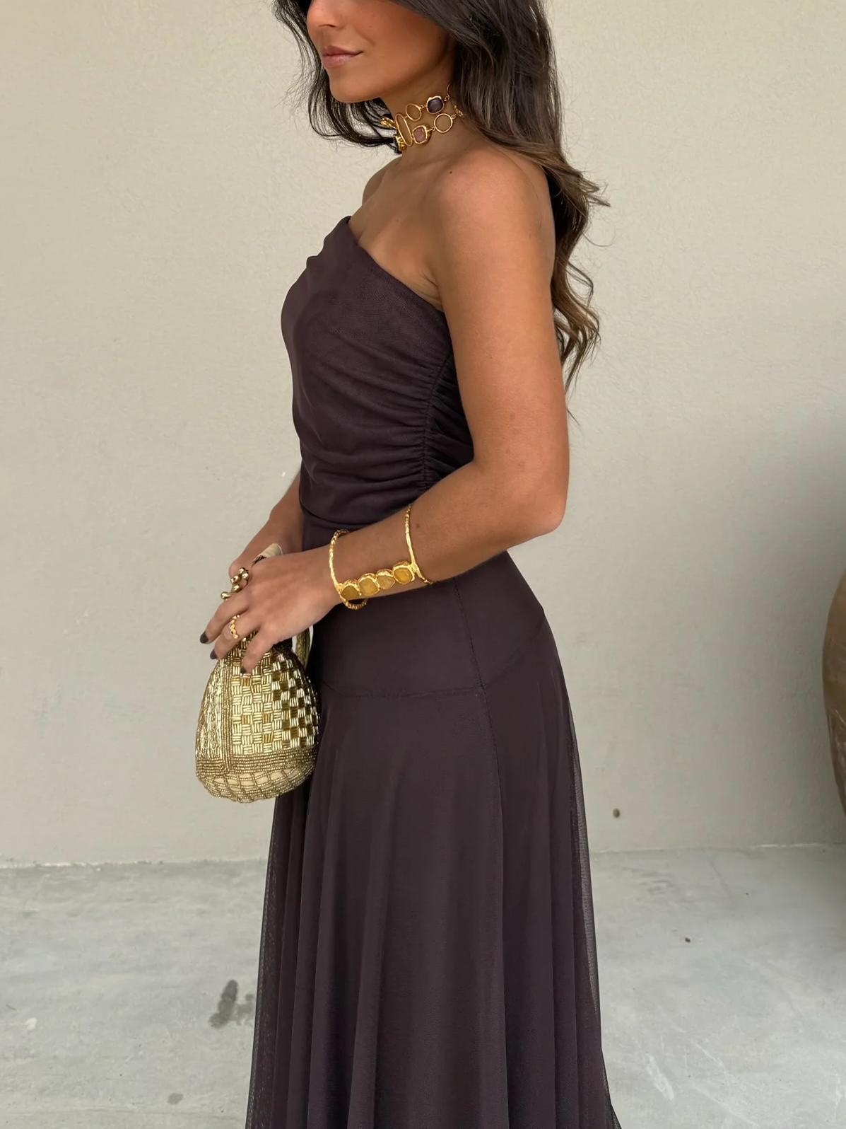 Elegant Maxi Dresses for Women with Mesh Off Shoulder Draped Neckline Ruched Bodycon Formal Style