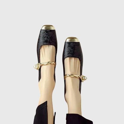 Elegant Mary Jane Shoes for Women with Round Toe Rhinestone Heel Jacquard Fabric Flat Slip On Style