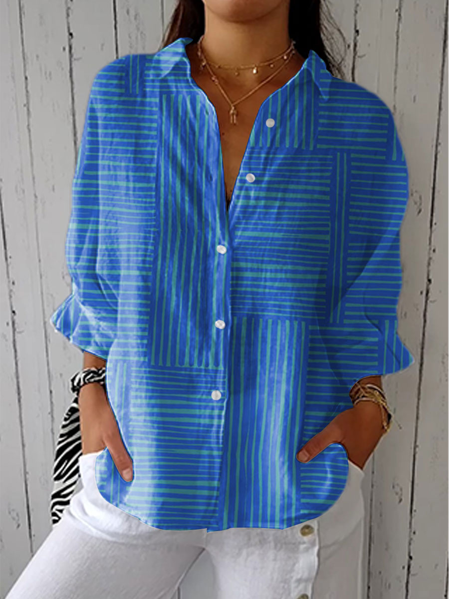 Effortless Blue Striped Blouse for Women with Collared Casual Style