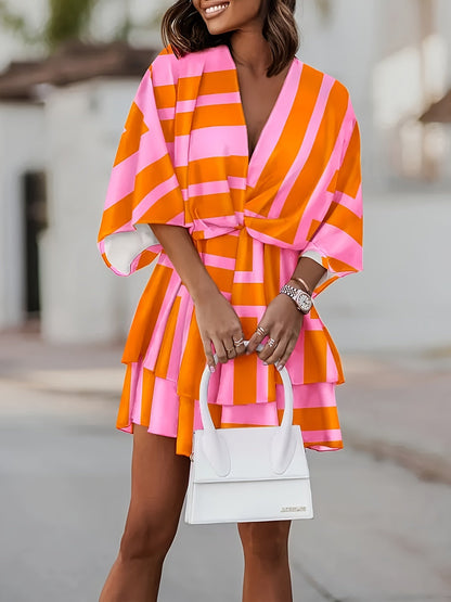 Effortless Wrap Mini Dress for Women with V Neck Batwing Sleeve