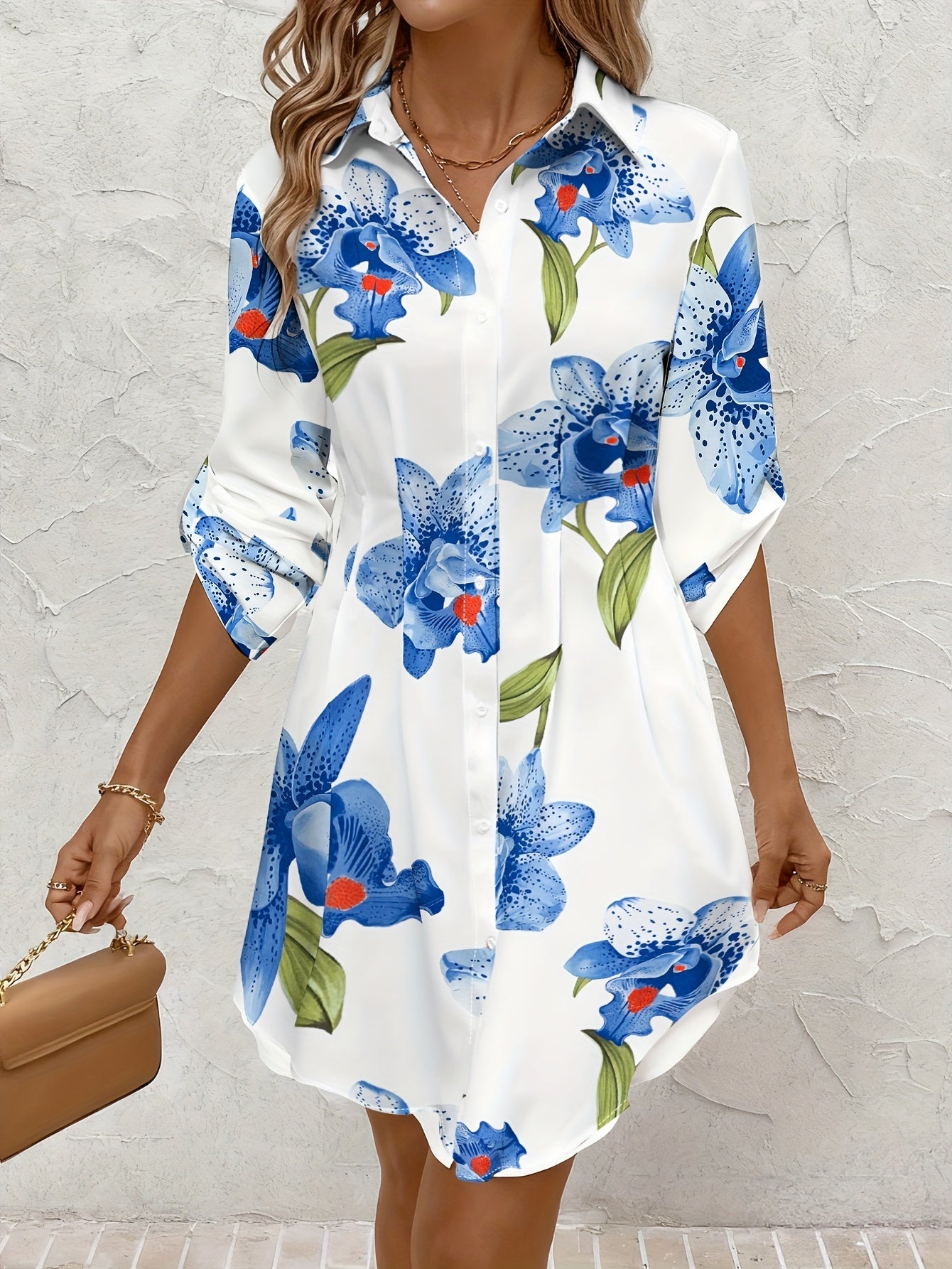 Effortless Floral Shirt Dress for Women with Collared Button Front