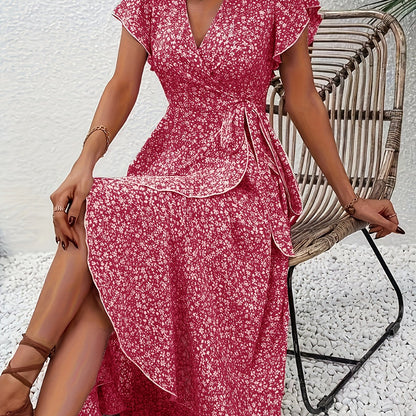 Elegant Floral Wrap Maxi Dress for Women with V Neck