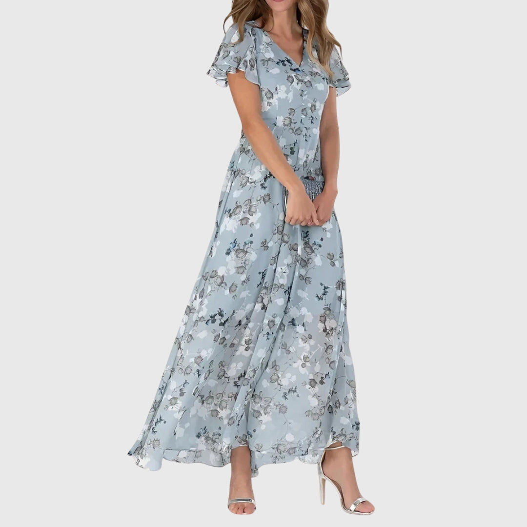 Effortless Floral Chiffon Maxi Dress for Women with V-Neck Flutter Sleeve Wedding Guest Style