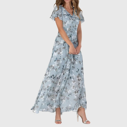 Effortless Floral Chiffon Maxi Dress for Women with V-Neck Flutter Sleeve Wedding Guest Style