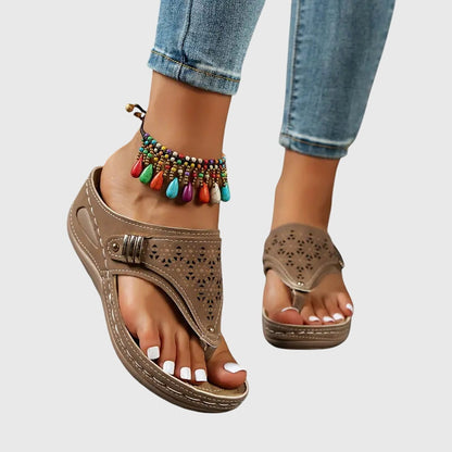 Comfortable Sandals for Women with Toe Loop Laser Cut Wedge Heel Buckle Strap Orthopedic Flip Flop Style