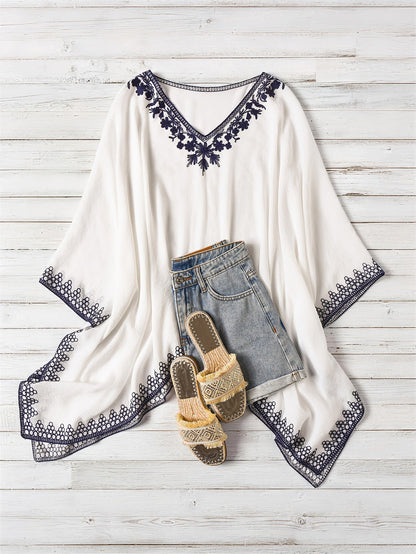Effortless Poncho Shirt for Women with Embroidered Trim Batwing Sleeve Style