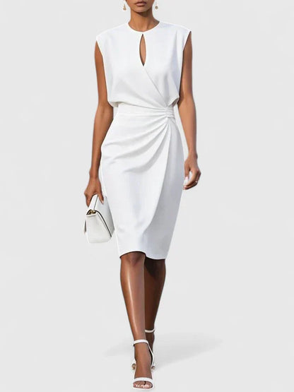 Elegant Sleeveless Midi Dress for Women with Keyhole Neck Ruched Waist Formal Style