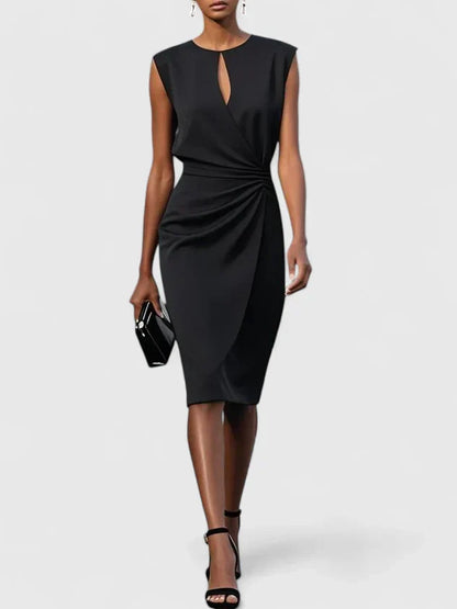 Elegant Sleeveless Midi Dress for Women with Keyhole Neck Ruched Waist Formal Style