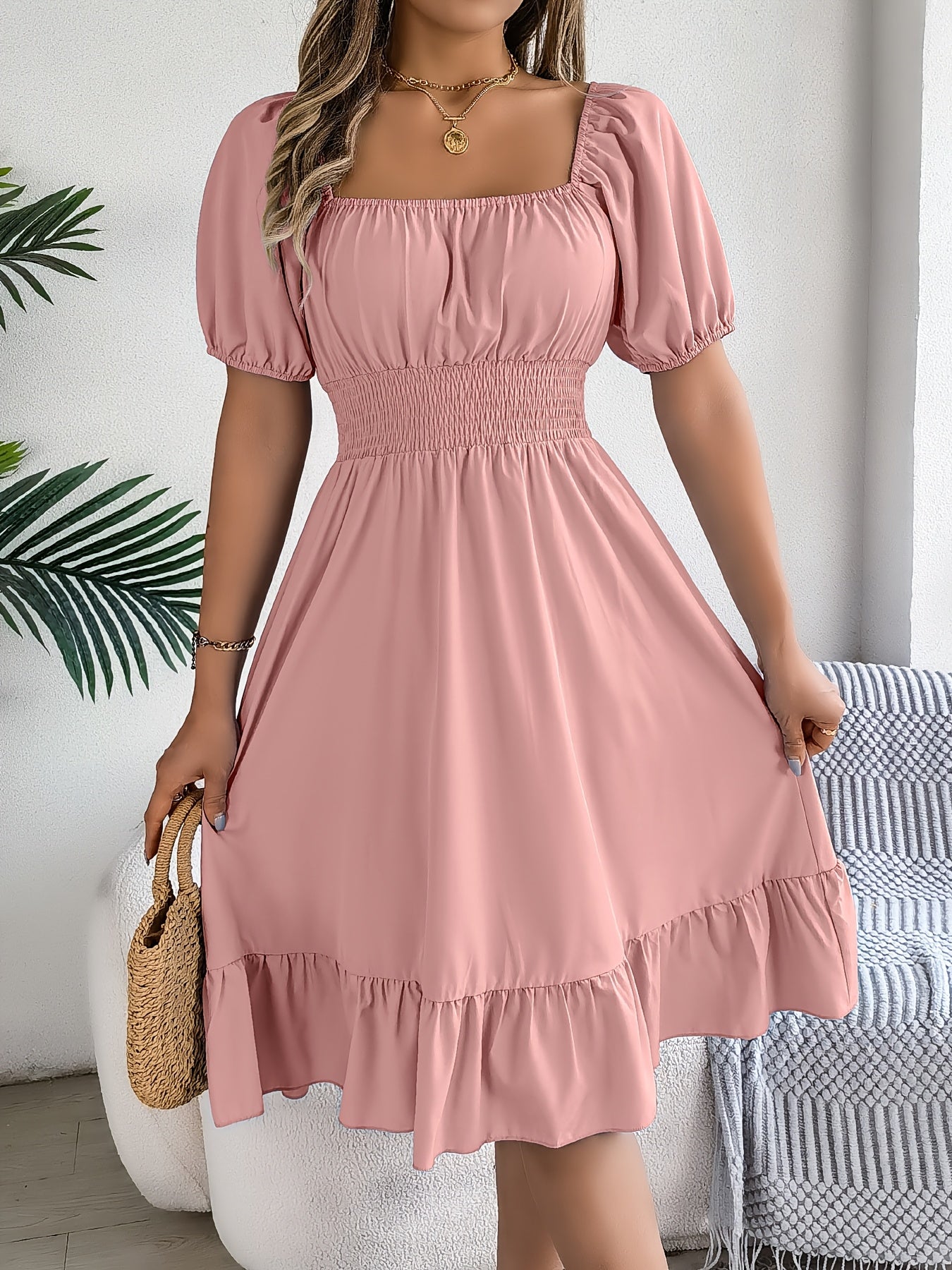 Elegant Evening Dress for Women with Square Neck Puff Sleeve A Line Formal Wedding Guest Style
