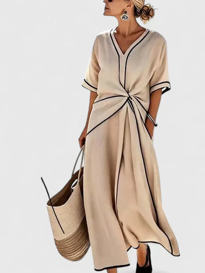 Effortless Twist Knot Maxi Dress for Women with V-Neck Short Sleeve Contrast Trim Casual Style