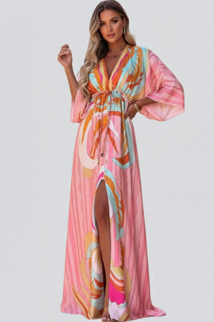 Effortless Pink Print Maxi Dresses for Women with Deep V Neck Kimono Sleeve Belted Long Dress Style