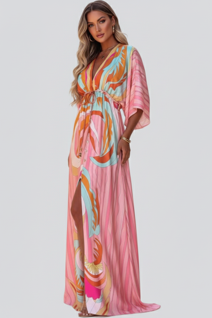 Effortless Pink Print Maxi Dresses for Women with Deep V Neck Kimono Sleeve Belted Long Dress Style