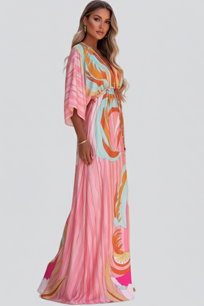 Effortless Pink Print Maxi Dresses for Women with Deep V Neck Kimono Sleeve Belted Long Dress Style