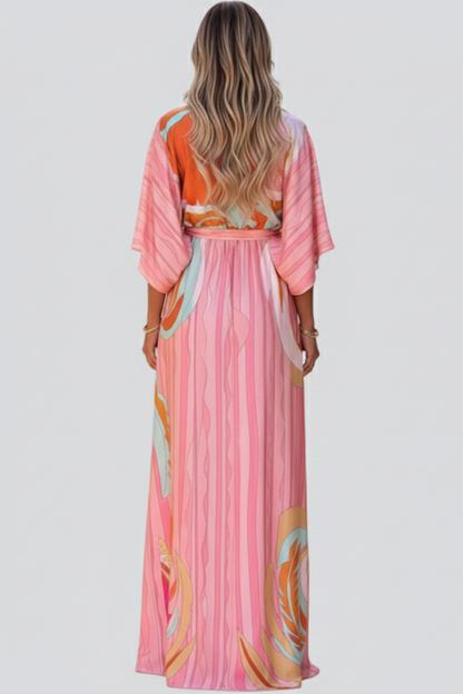 Effortless Pink Print Maxi Dresses for Women with Deep V Neck Kimono Sleeve Belted Long Dress Style