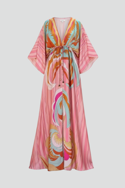 Effortless Pink Print Maxi Dresses for Women with Deep V Neck Kimono Sleeve Belted Long Dress Style