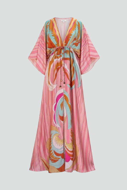 Effortless Pink Print Maxi Dresses for Women with Deep V Neck Kimono Sleeve Belted Long Dress Style