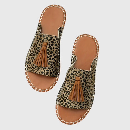 Comfortable Sandals for Women with Toe Ring Tassel Detail Ethnic Print Flat Sole Casual Flip Flop Style