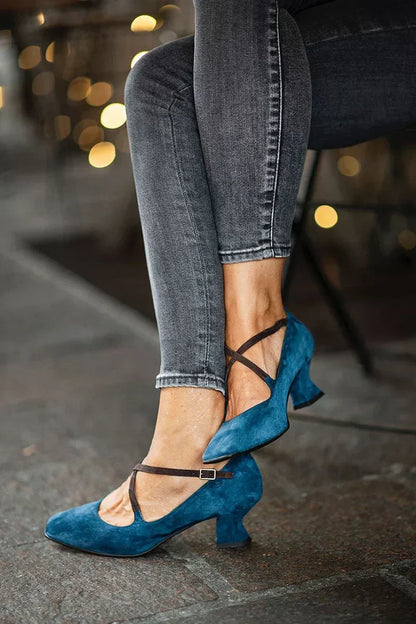 Comfortable Blue Heels for Women with Block Heel Square Toe Style