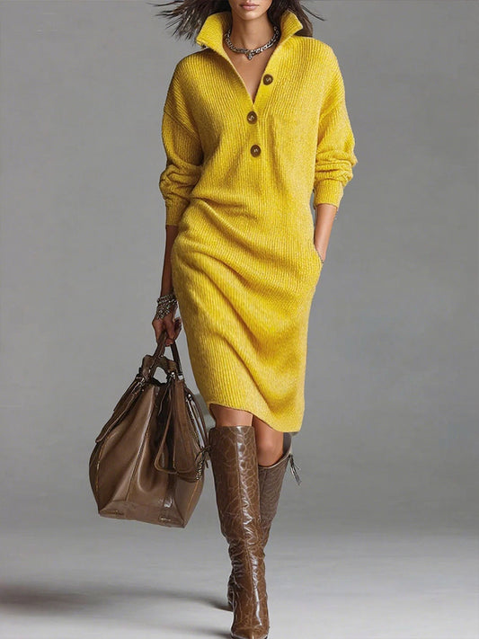 Effortless Casual Dress for Women with Stand Collar Long Sleeve Button Knit Loose Midi Style
