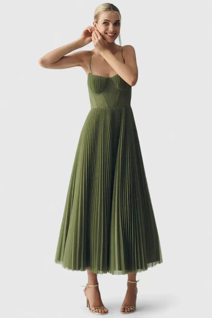 Elegant Green Dress for Women with Spaghetti Strap Corset Bodice Pleated Chiffon Midi Formal Style