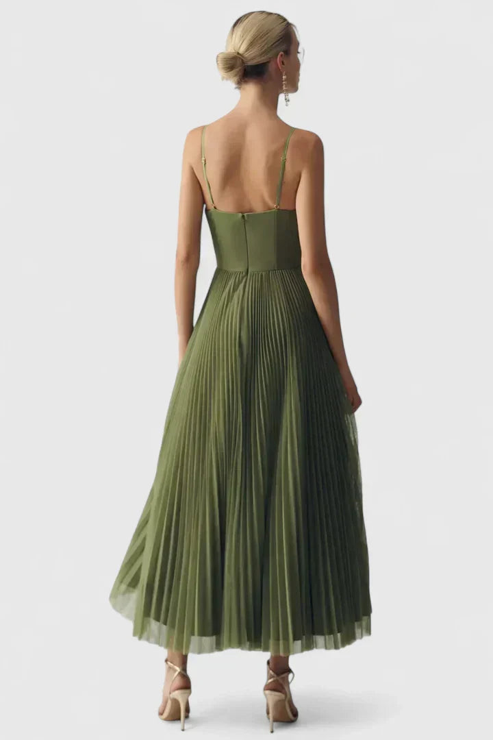Elegant Green Dress for Women with Spaghetti Strap Corset Bodice Pleated Chiffon Midi Formal Style