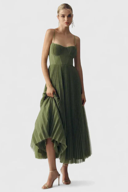 Elegant Green Dress for Women with Spaghetti Strap Corset Bodice Pleated Chiffon Midi Formal Style