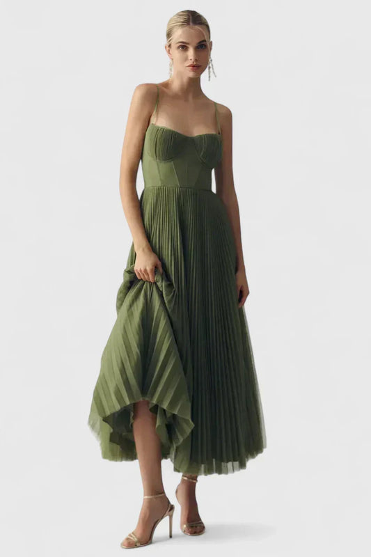 Elegant Green Dress for Women with Spaghetti Strap Corset Bodice Pleated Chiffon Midi Formal Style