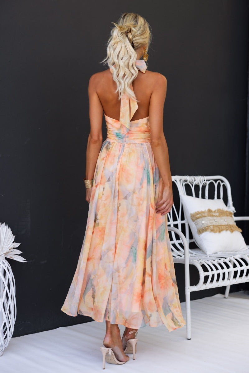 Effortless Orange Floral Maxi Dress for Women with High Neck Sleeveless