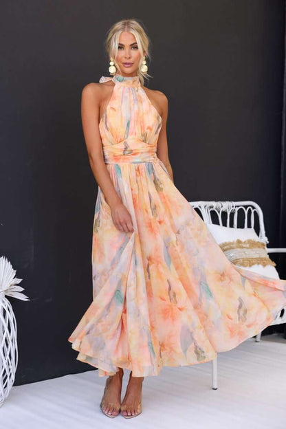 Effortless Orange Floral Maxi Dress for Women with High Neck Sleeveless