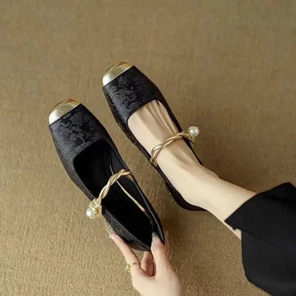 Comfortable Mary Jane Shoes for Women with Braided Block Heel Metallic Style