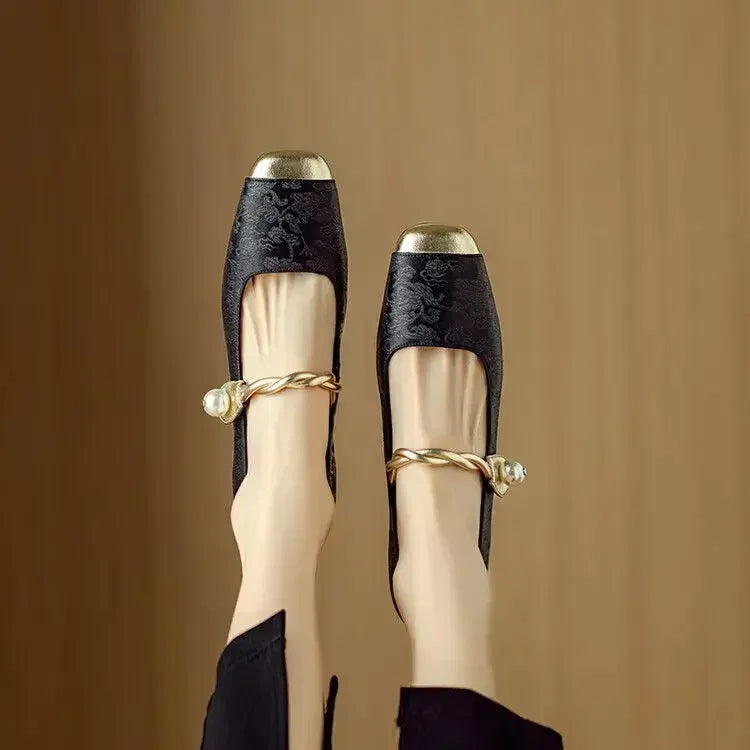 Comfortable Mary Jane Shoes for Women with Braided Block Heel Metallic Style