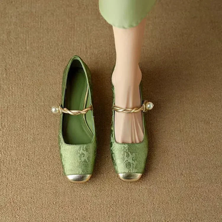 Comfortable Mary Jane Shoes for Women with Braided Block Heel Metallic Style