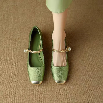 Comfortable Mary Jane Shoes for Women with Braided Block Heel Metallic Style