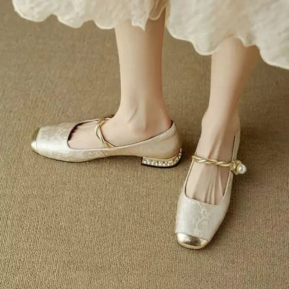 Comfortable Mary Jane Shoes for Women with Braided Block Heel Metallic Style