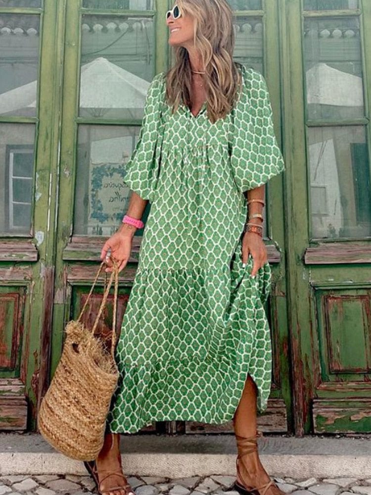 Stylish Green Mini Dress for Women with V Neck Wide Sleeve
