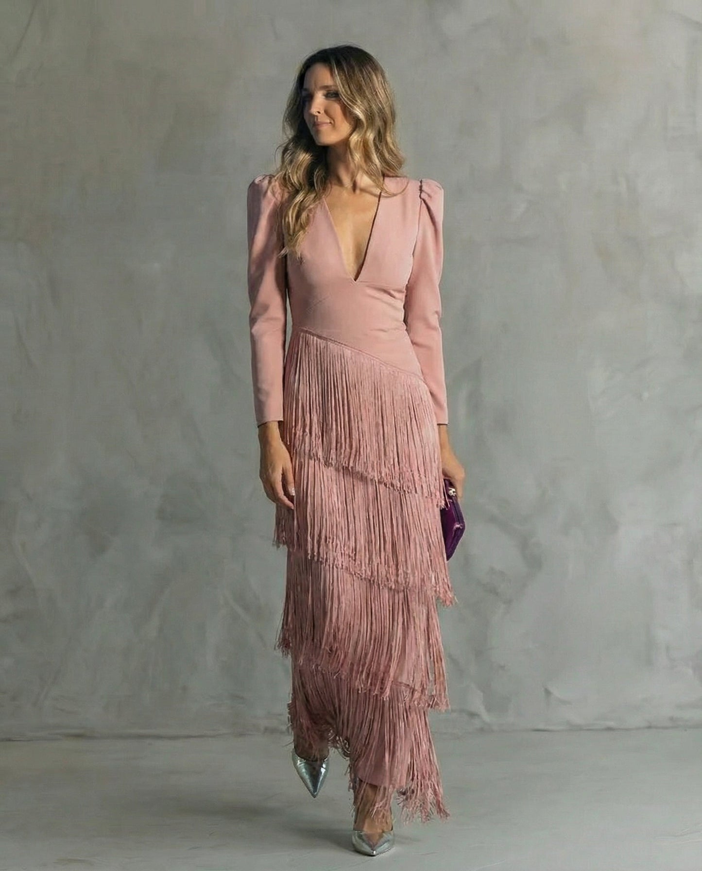 Effortless Midi Dress for Women with V Neck Long Sleeve Fringe