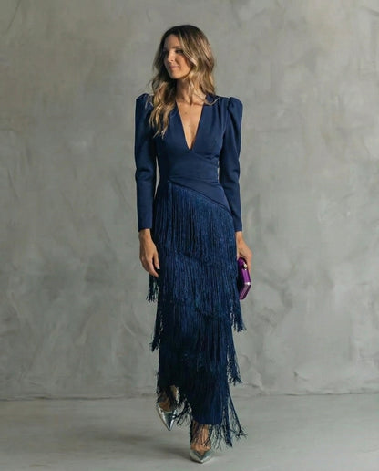 Effortless Midi Dress for Women with V Neck Long Sleeve Fringe