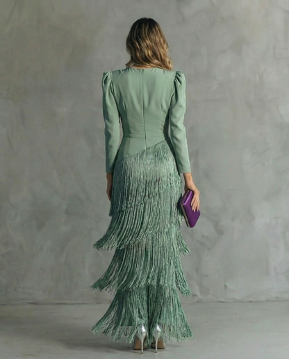 Effortless Midi Dress for Women with V Neck Long Sleeve Fringe