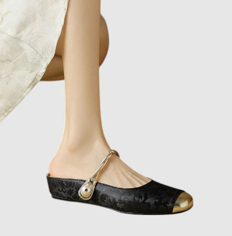Elegant Mary Jane Shoes for Women with Round Toe Rhinestone Heel Jacquard Fabric Flat Slip On Style