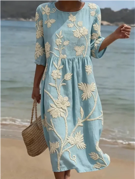 Elegant Blue Floral Midi Dress for Women with Round Neck